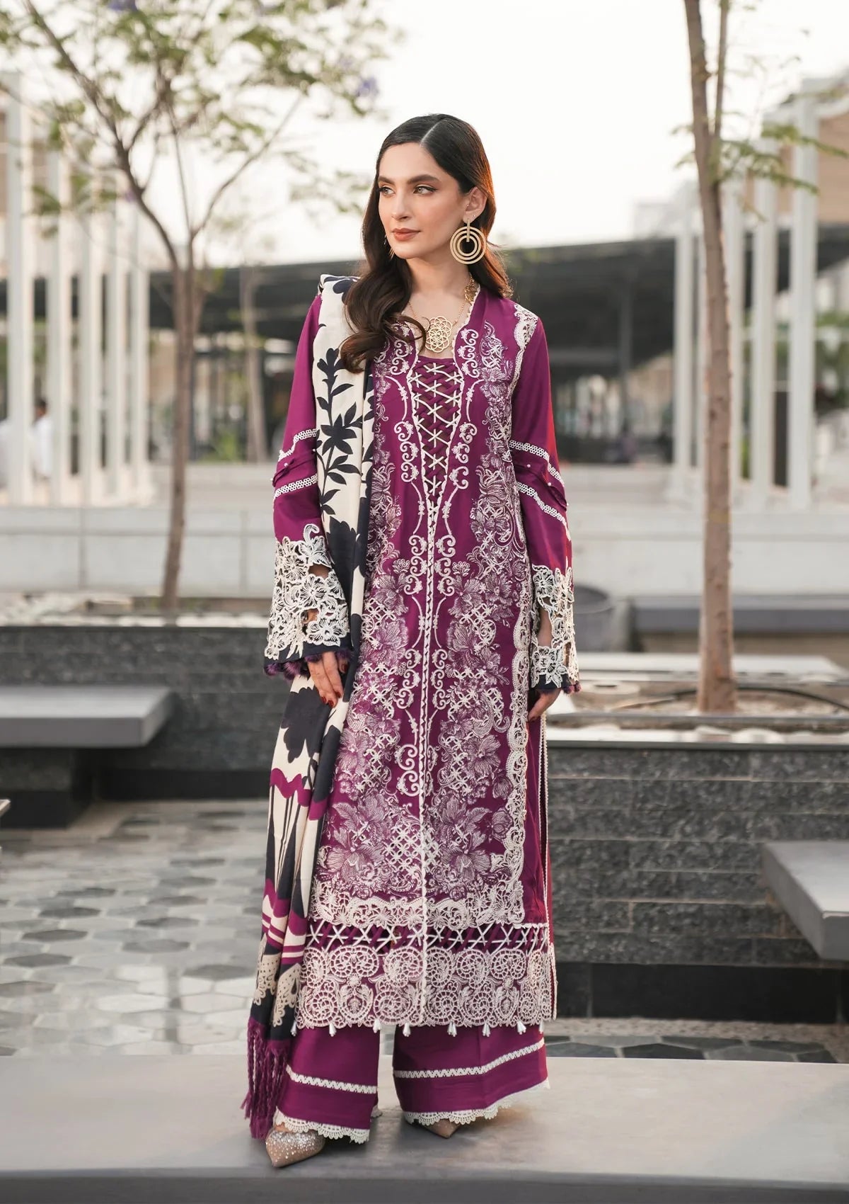 EMBROIDERED LINEN shirt and PURE PASHMINA PRINTED SHAWL from Elaf Winter Pashmina Shawl Collection 2024