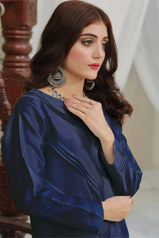 2PC Stitched Silk Shirt & Trouser Navy Blue KFS-2370 KHAS STORES