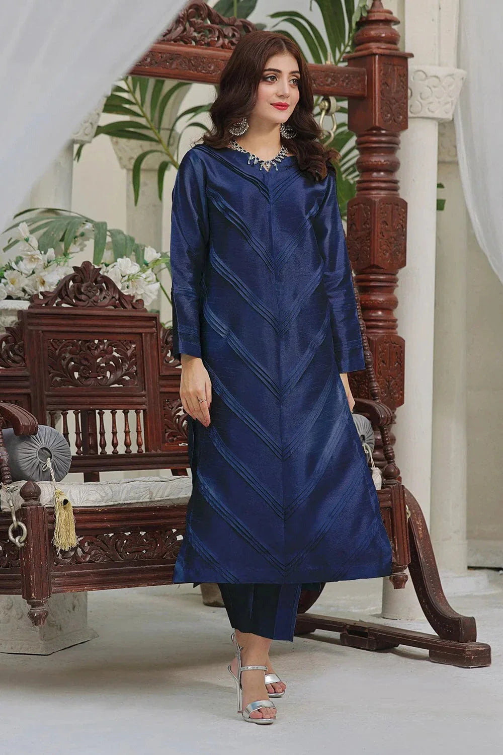 2PC Stitched Silk Shirt & Trouser Navy Blue KFS-2370 KHAS STORES