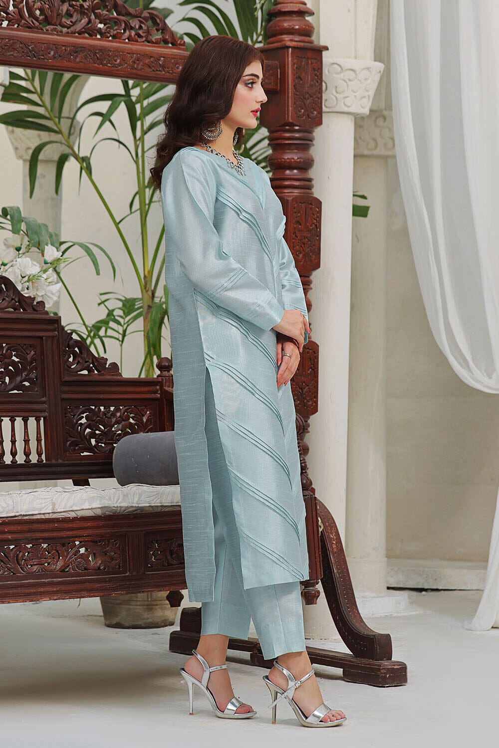 2PC Stitched Silk Shirt & Trouser Sky Blue KFS-2370 KHAS STORES