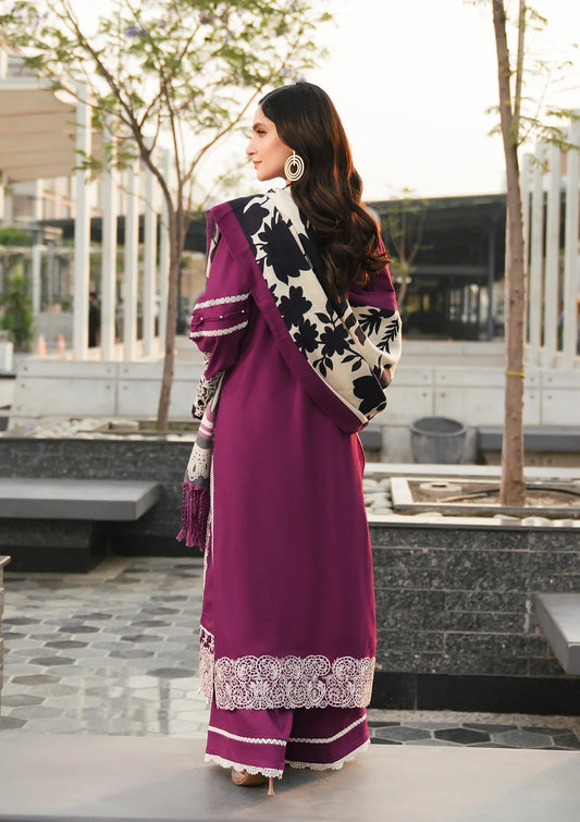Luxury Embroidered Winter Dress in Magenta color from Elaf Winter Pashmina Shawl Collection 2024