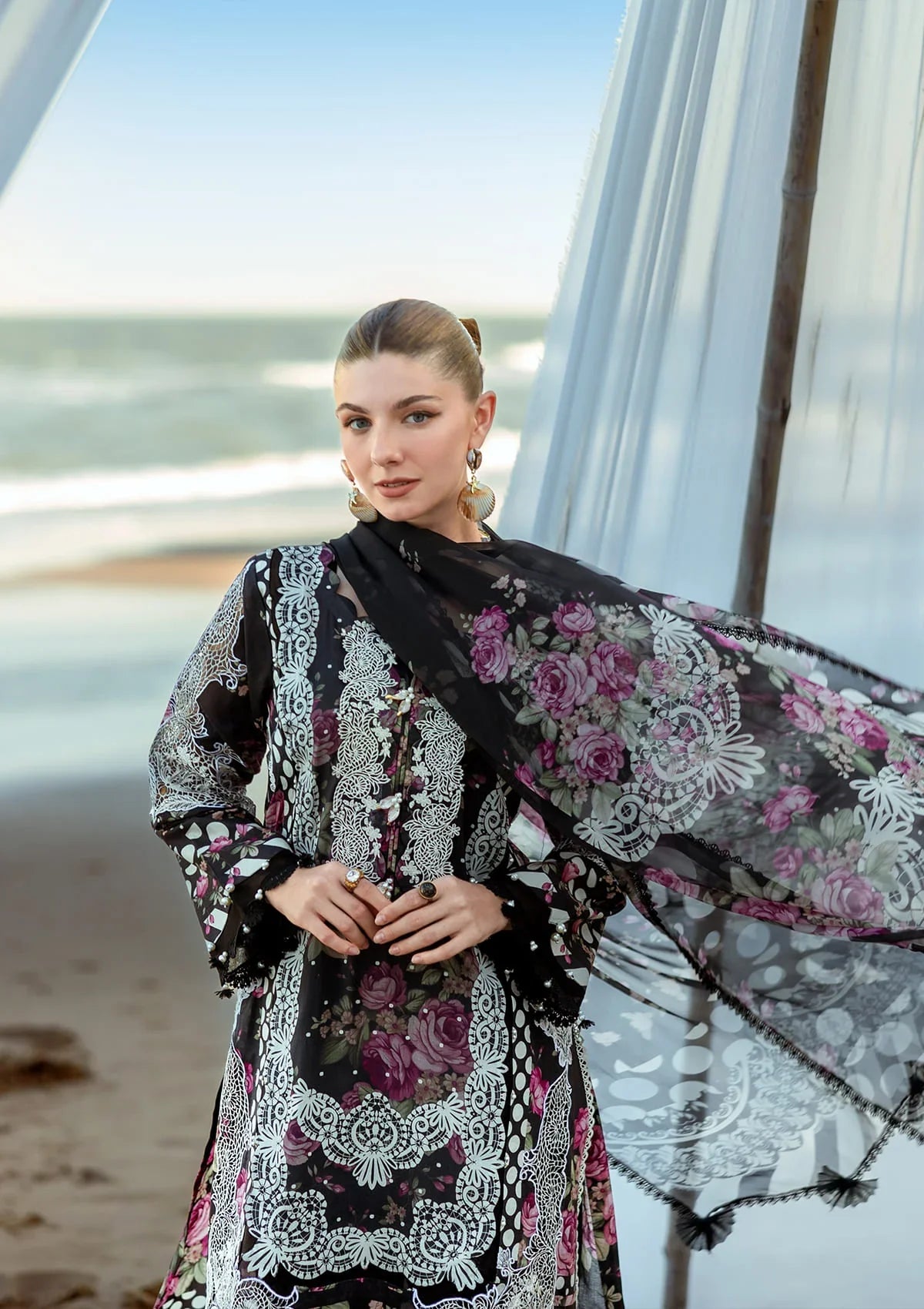 beautiful Printed Chiffon Dupatta in stunning black chiffon.