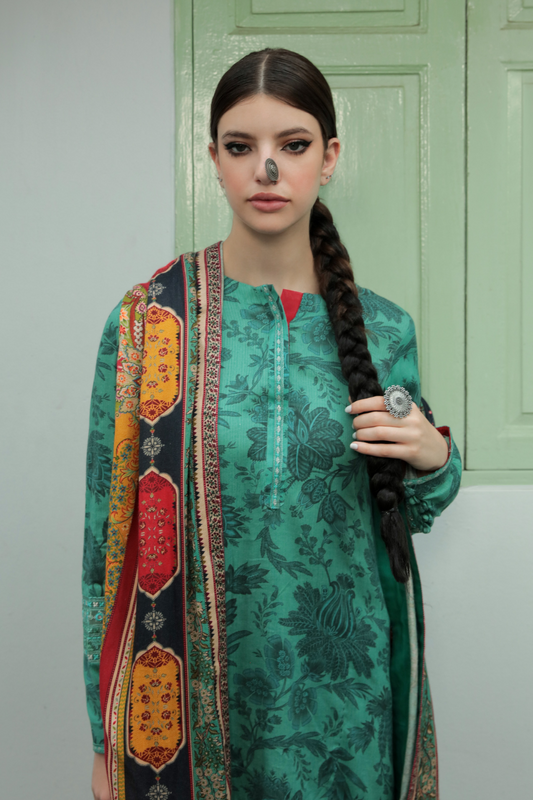 3 PC Unstitched | Embroidered Suit + Shawl