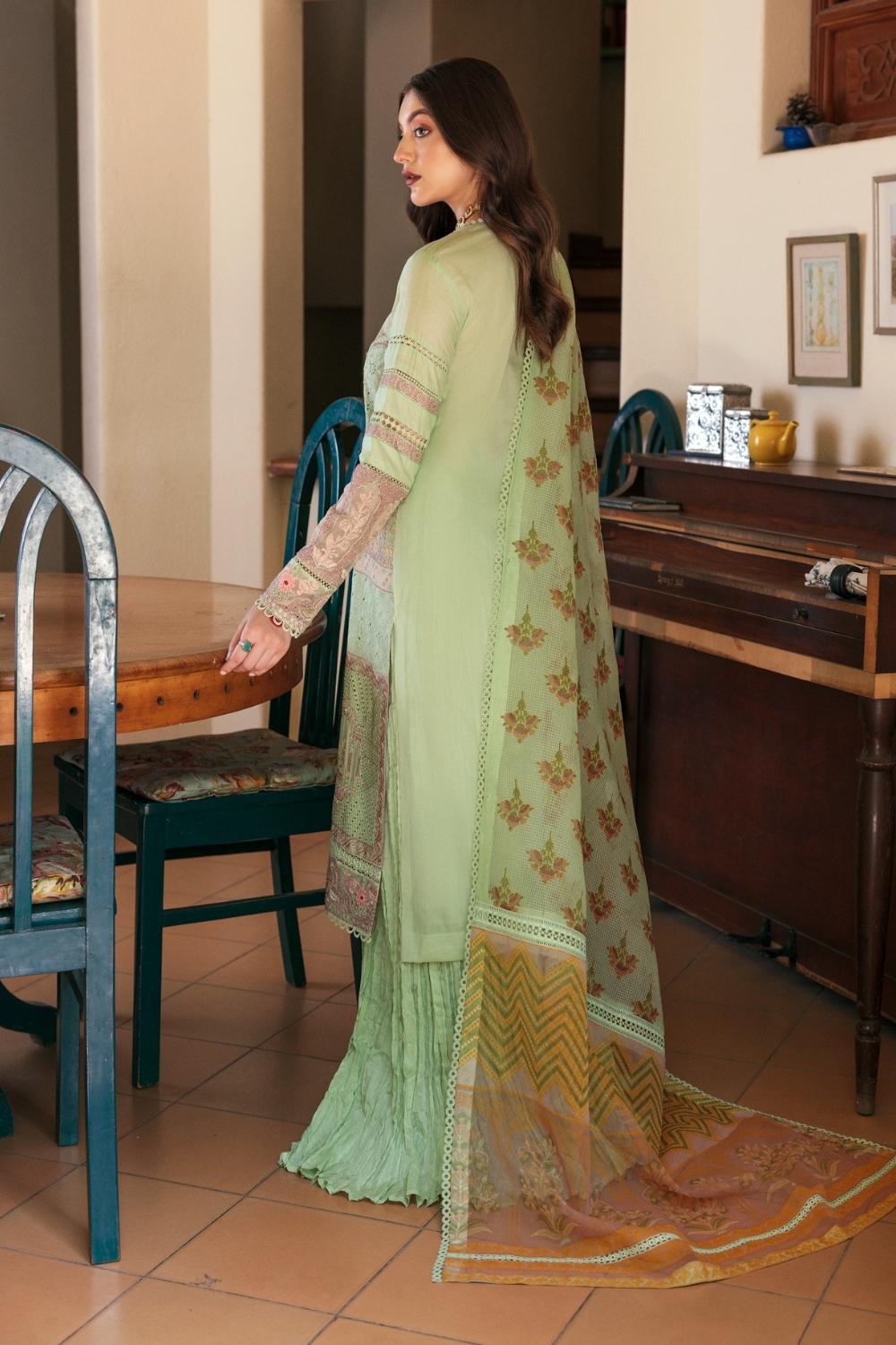 3PC Unstitched Embroidered Lawn Shirt | Block Print Check Organza Dupatta | Cambric Dyed Trouser
