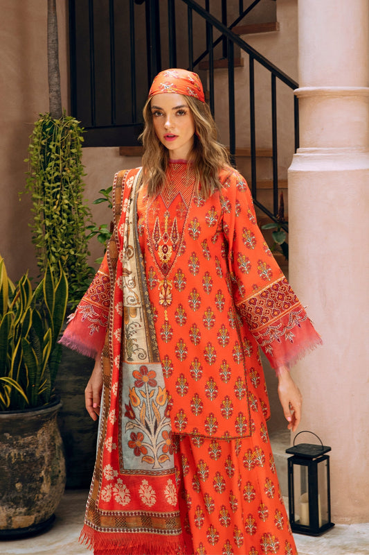 3PC Unstitched | Embroidered Lawn Suit | Manar Printed Dupatta