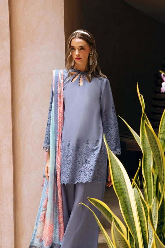3PC Unstitched | Embroidered Lawn Suit | Poly Silk Printed Dupatta
