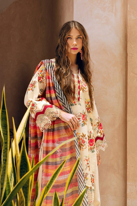 3PC Unstitched | Embroidered Lawn Suit | Manar Printed Dupatta