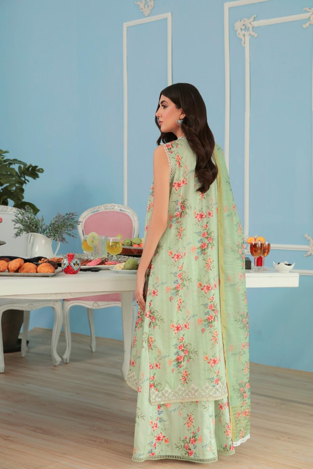 3PC Unstitched Printed+Embroidered Lawn Shirt | Printed Manar Dupatta | Cambric Cotton Trouser