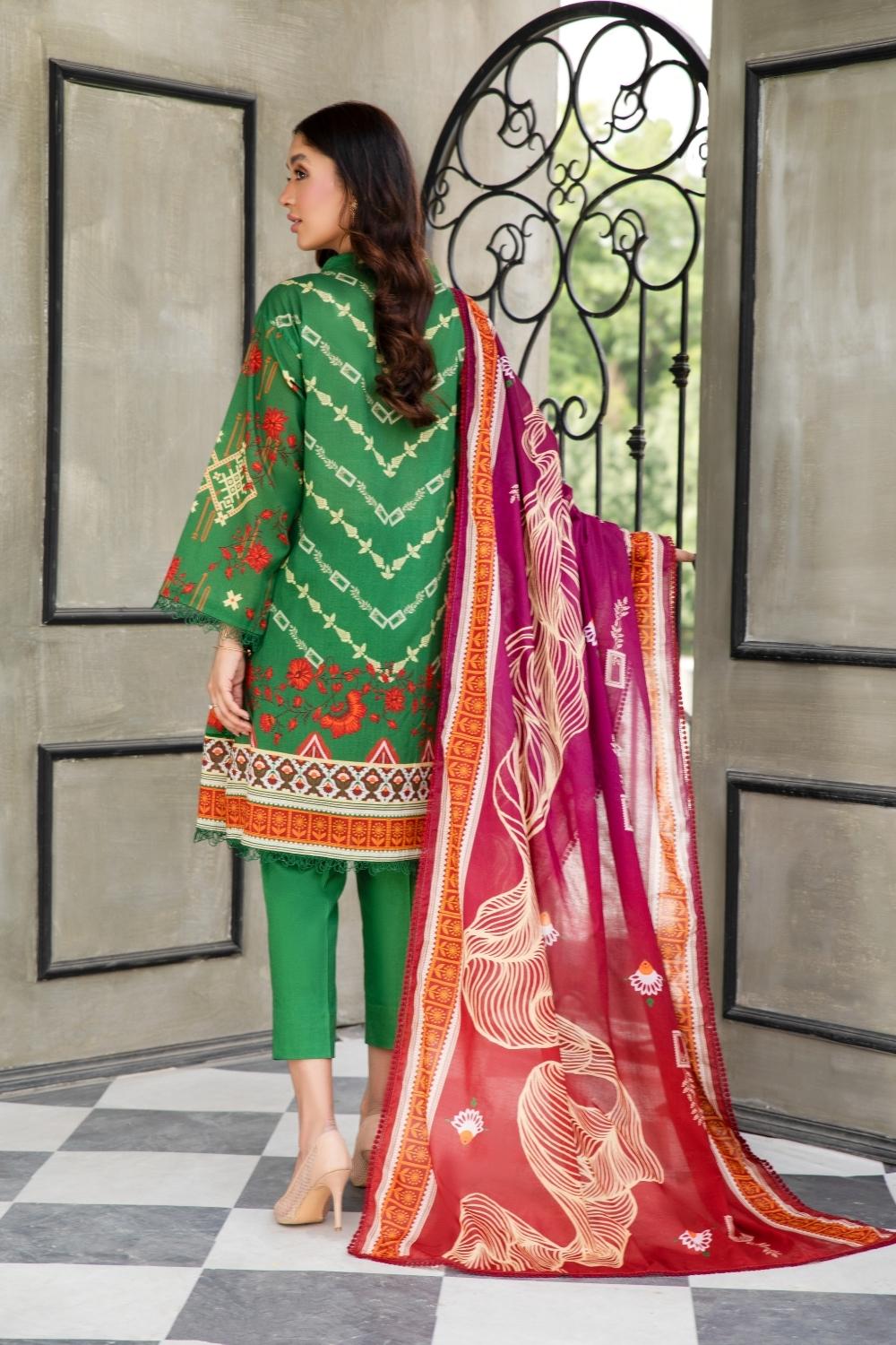 3 PC Unstitched | Printed Lawn Shirt + Printed Cotton Net Dupatta + Dyed Cambric Trouser