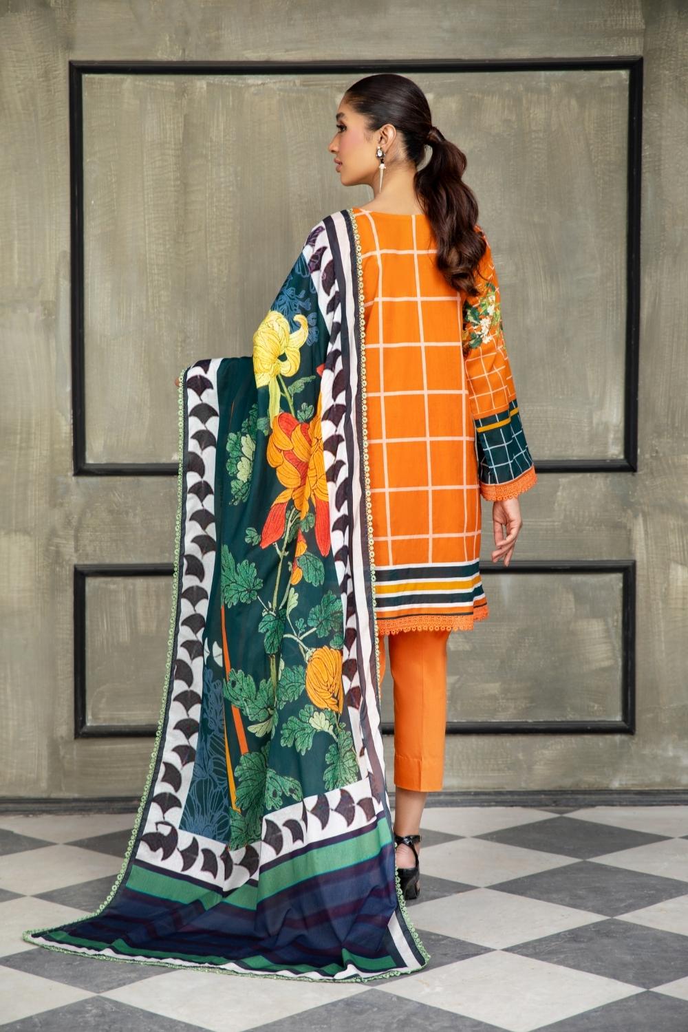 3 PC Unstitched | Printed Lawn Shirt + Printed Cotton Net Dupatta + Dyed Cambric Trouser