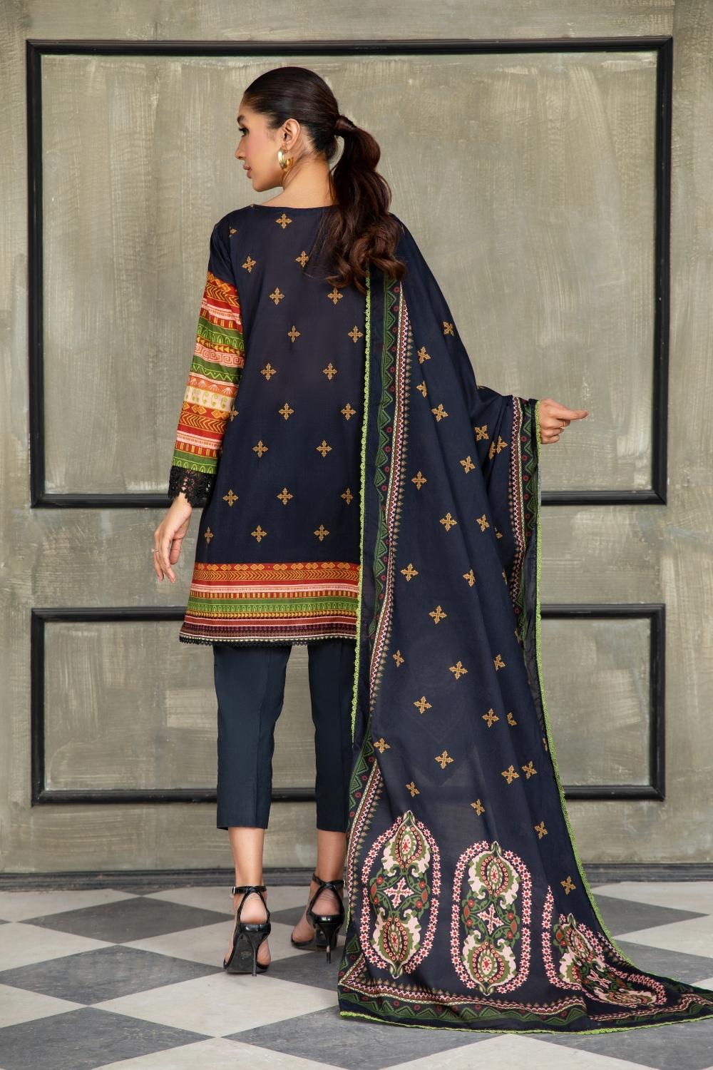 3 PC Unstitched | Printed Lawn Shirt + Printed Cotton Net Dupatta + Dyed Cambric Trouser