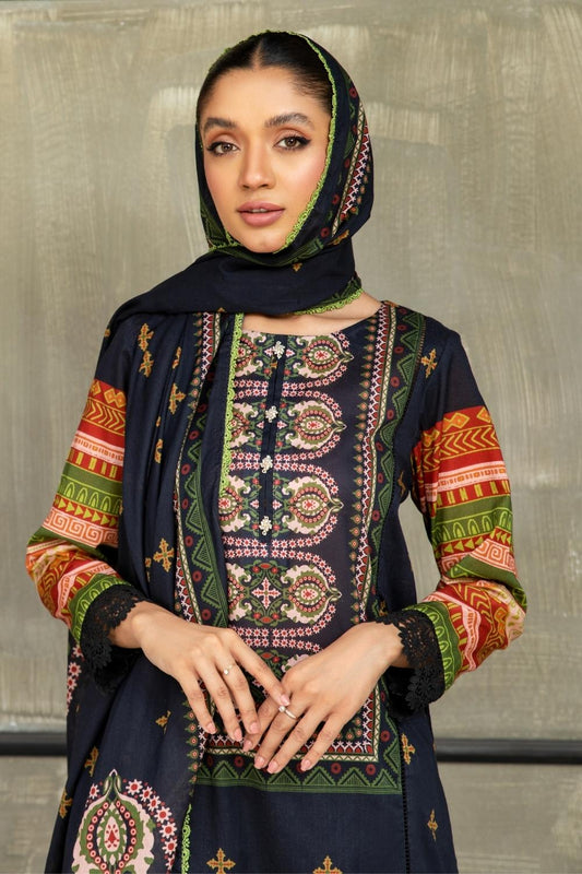 3 PC Unstitched | Printed Lawn Shirt + Printed Cotton Net Dupatta + Dyed Cambric Trouser