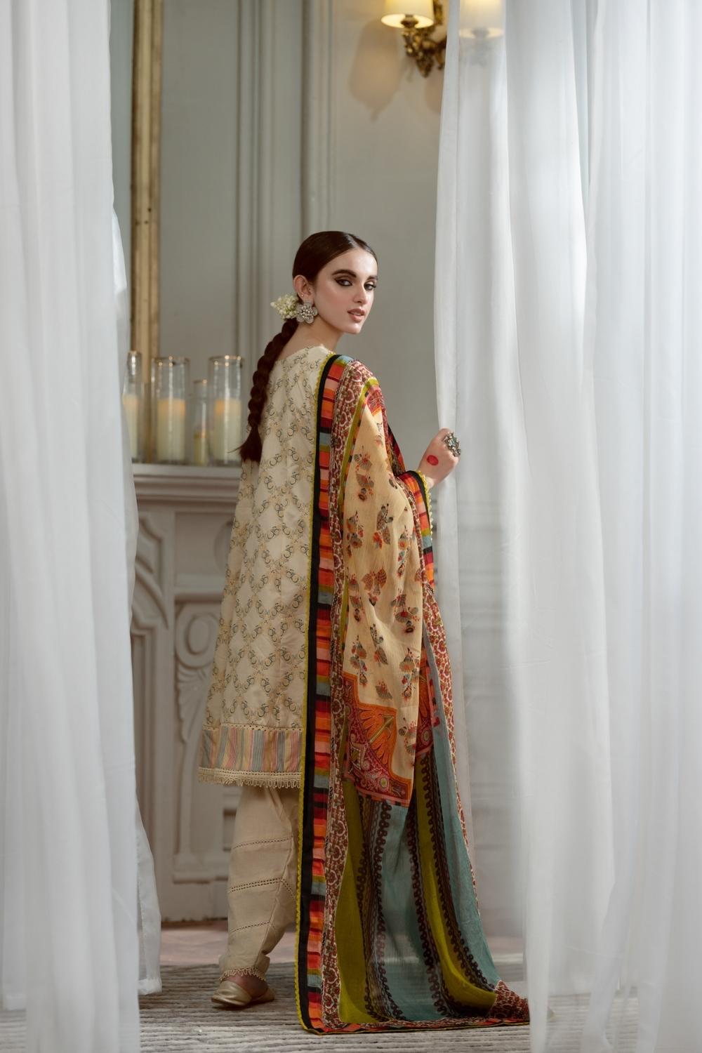 3PC Unstitched Printed+Embroidered Lawn Shirt | Chiffon Printed Dupatta | Cambric Dyed Trouser