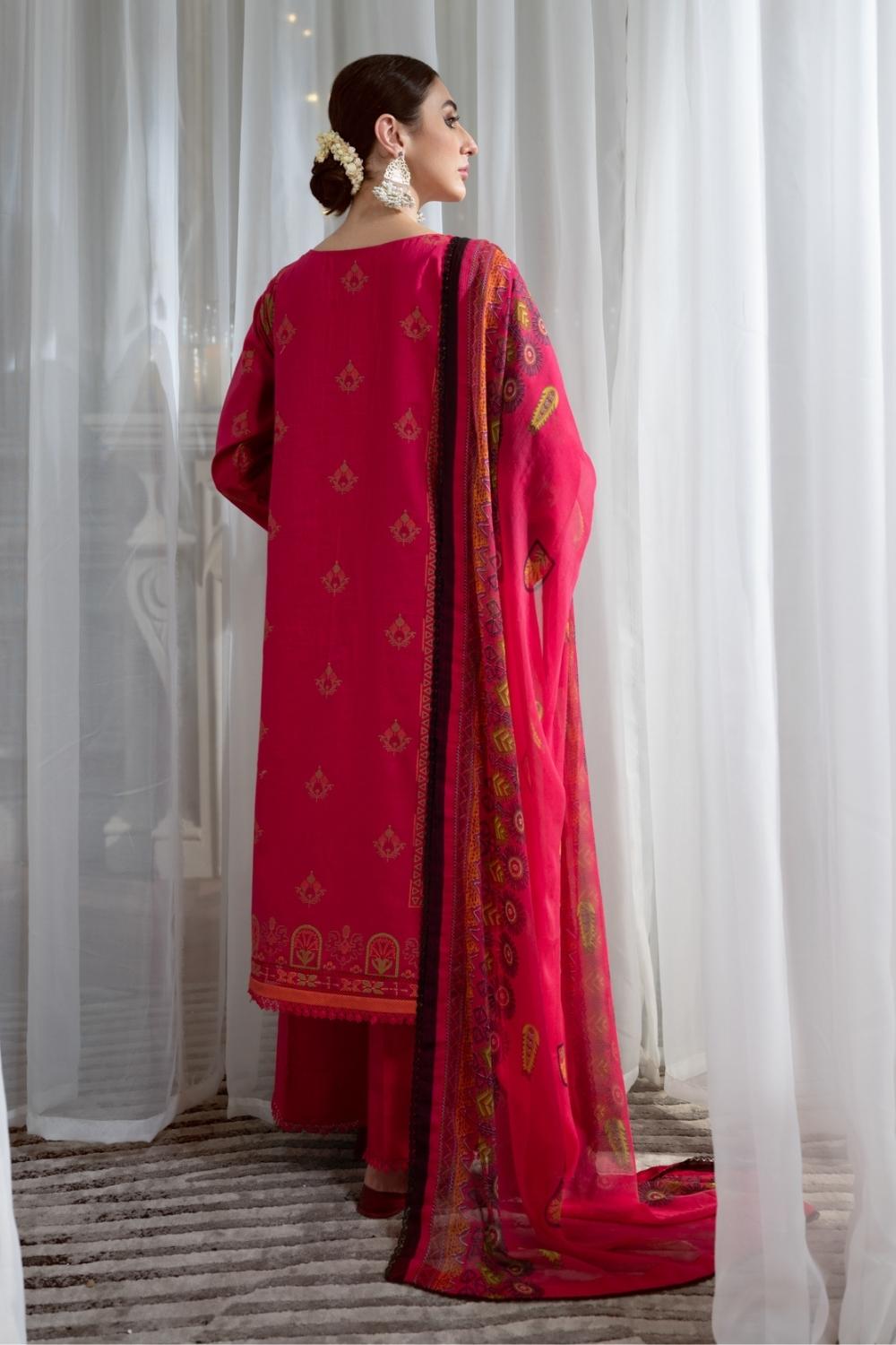 3PC Unstitched Printed+Embroidered Lawn Shirt | Chiffon Printed Dupatta | Cambric Dyed Trouser