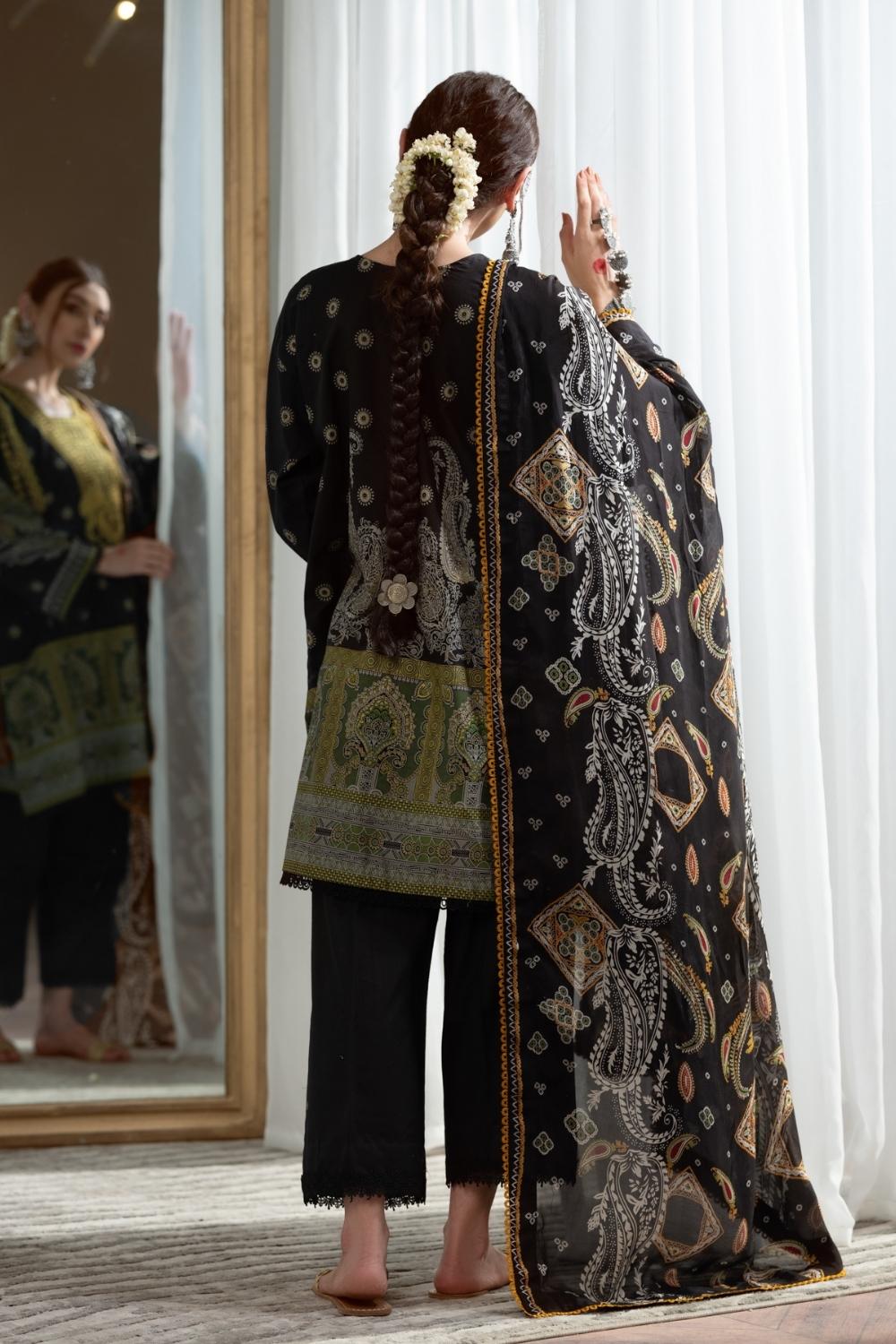 3PC Unstitched Printed+Embroidered Lawn Shirt | Silk Printed Dupatta | Cambric Dyed Trouser