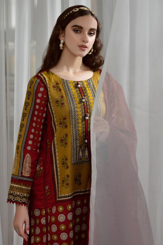 3PC Unstitched Embroidered + Printed Suit