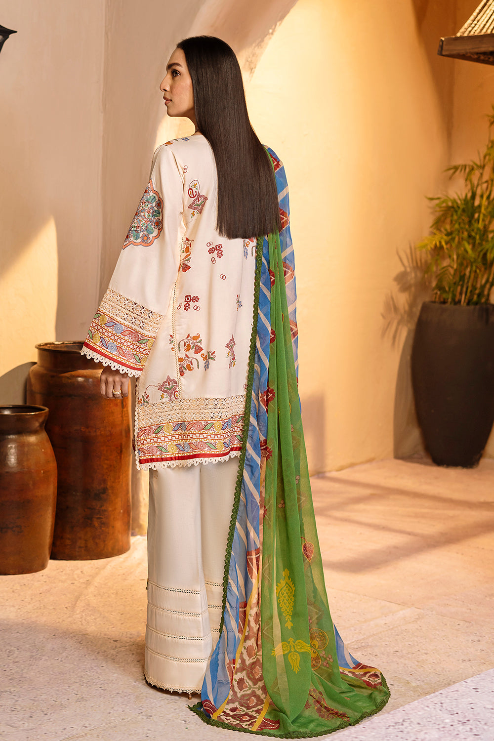 3 PC Unstitched Emboridered + Printed Shirt + Printed Dupatta + Dyed Trouser