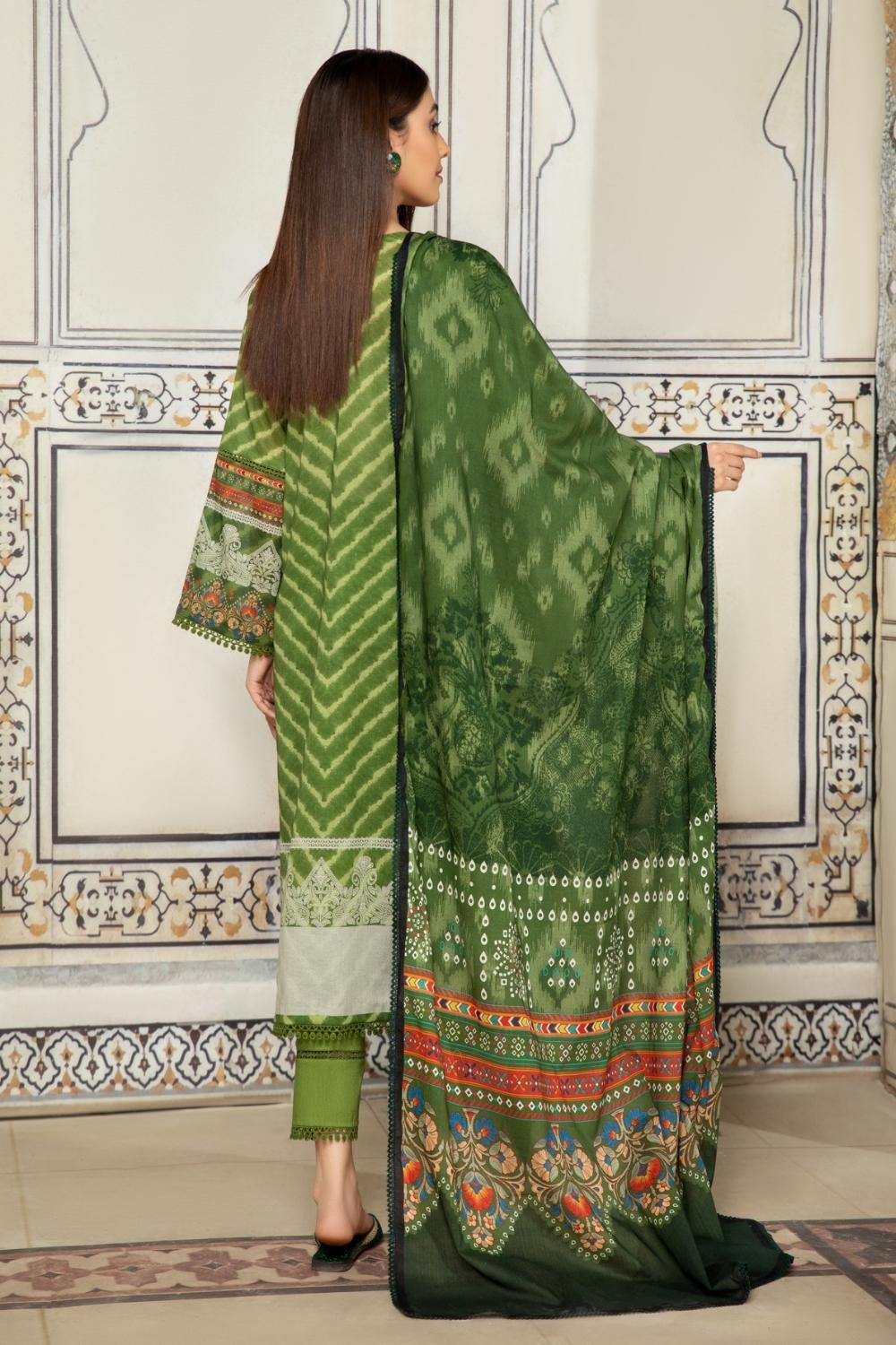 3PC Unstitched Printed+Embroidered Lawn Shirt | Cotton Net Printed Dupatta | Cambric Dyed Trouser