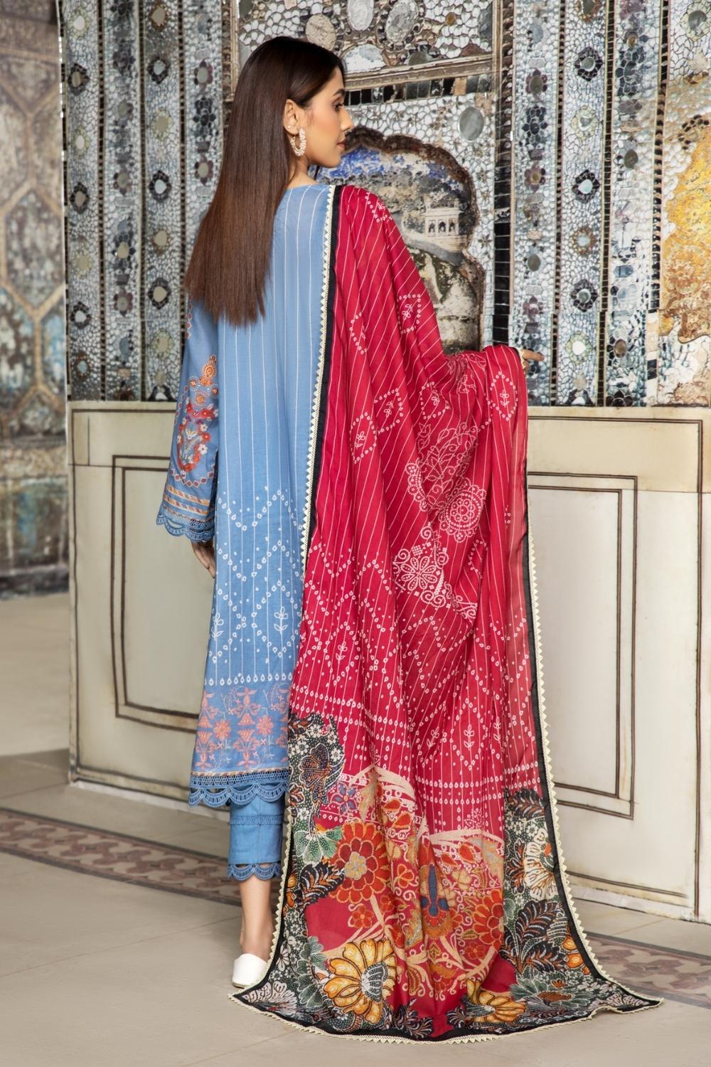 3PC Unstitched Printed+Embroidered Lawn Shirt | Printed Lawn Dupatta | Cambric Dyed Trouser