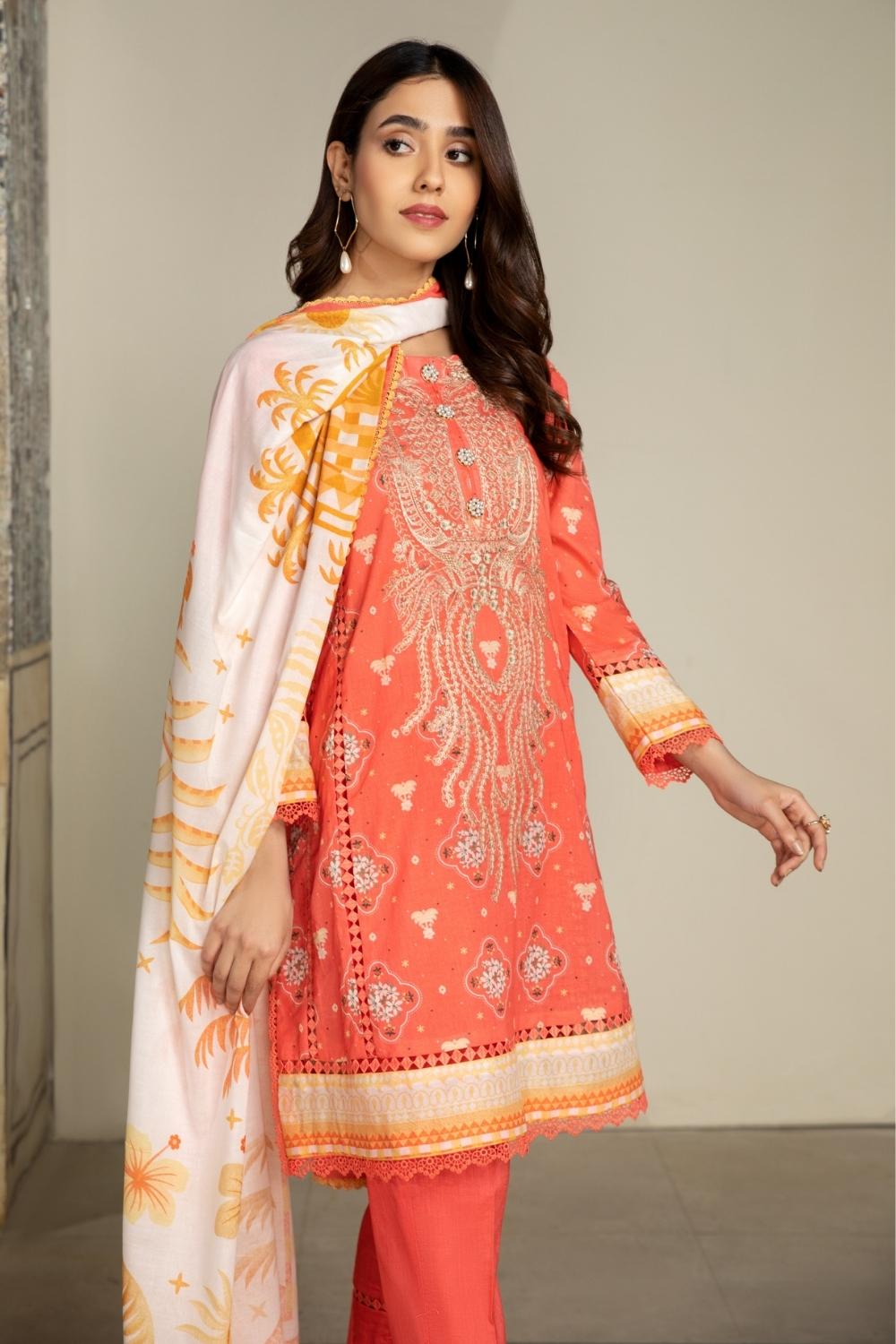 3PC Unstitched Printed+Embroidered Lawn Shirt | Printed Lawn Dupatta |Cambric Dyed Trouser