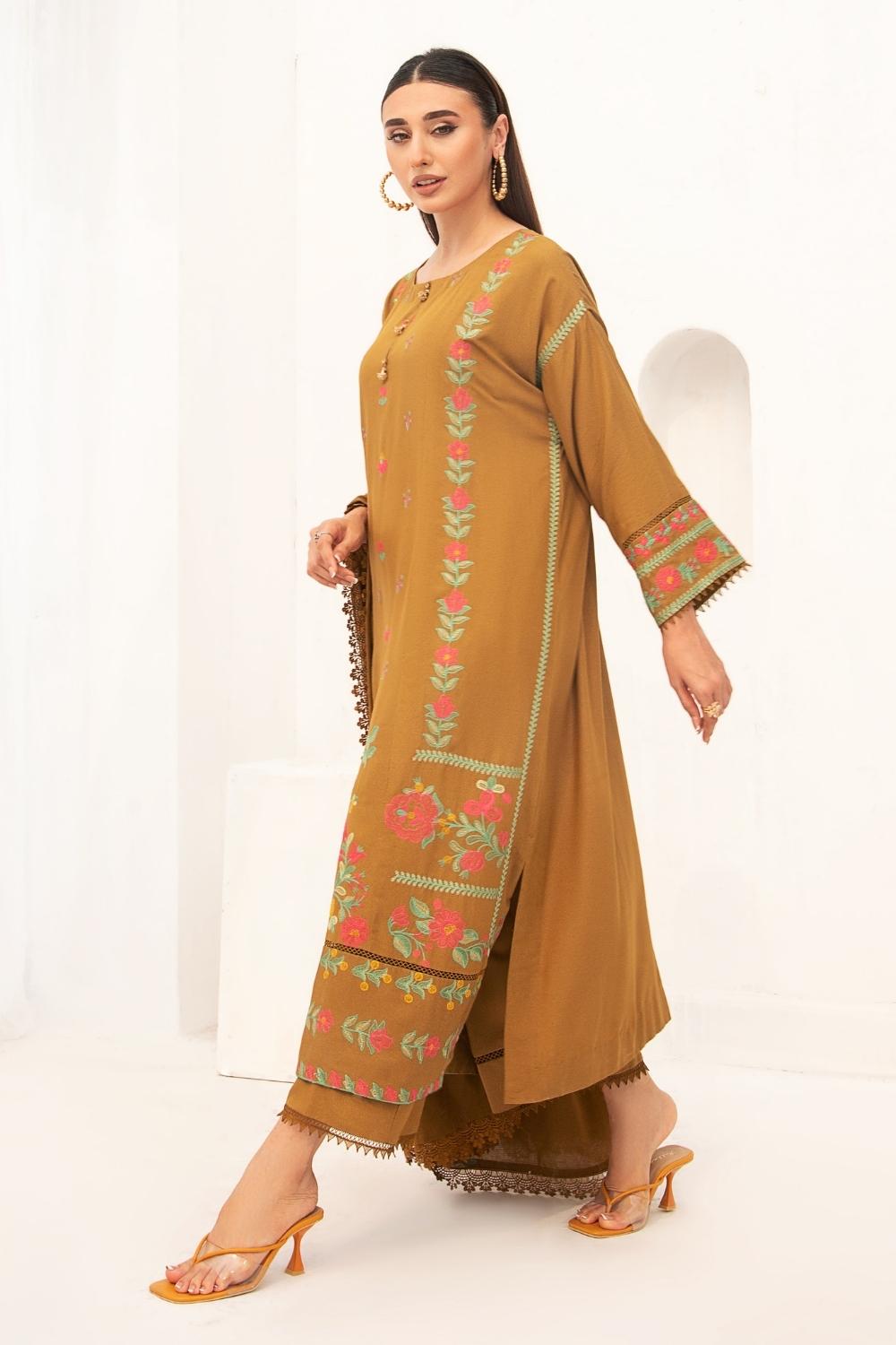 3PC Unstitched |Embroidered Karandi Shirt+ Cotton Dobby Shawl+ Trouser