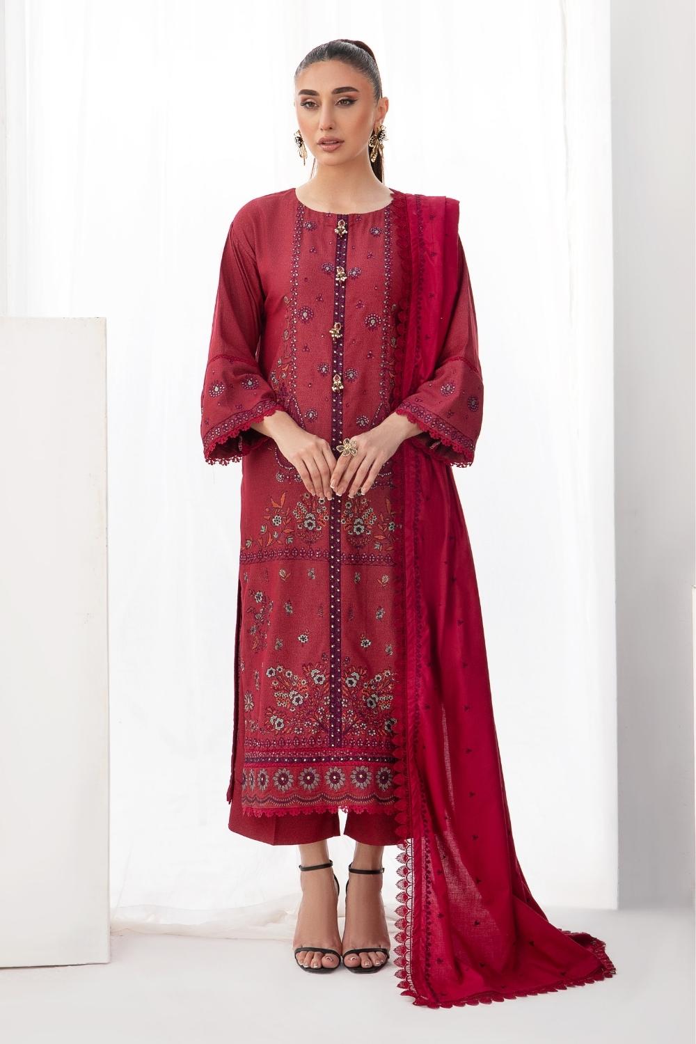 3PC Unstitched |Embroidered Karandi Shirt+ Cotton Dobby Shawl+ Trouser