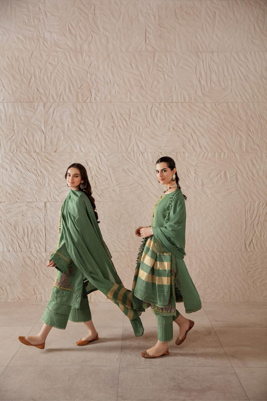 3 PC Unstitched Premium | Cross Hatch Embroidered Shirt + Banarsi Jacquard Dupatta + Cambric Dyed Trouser