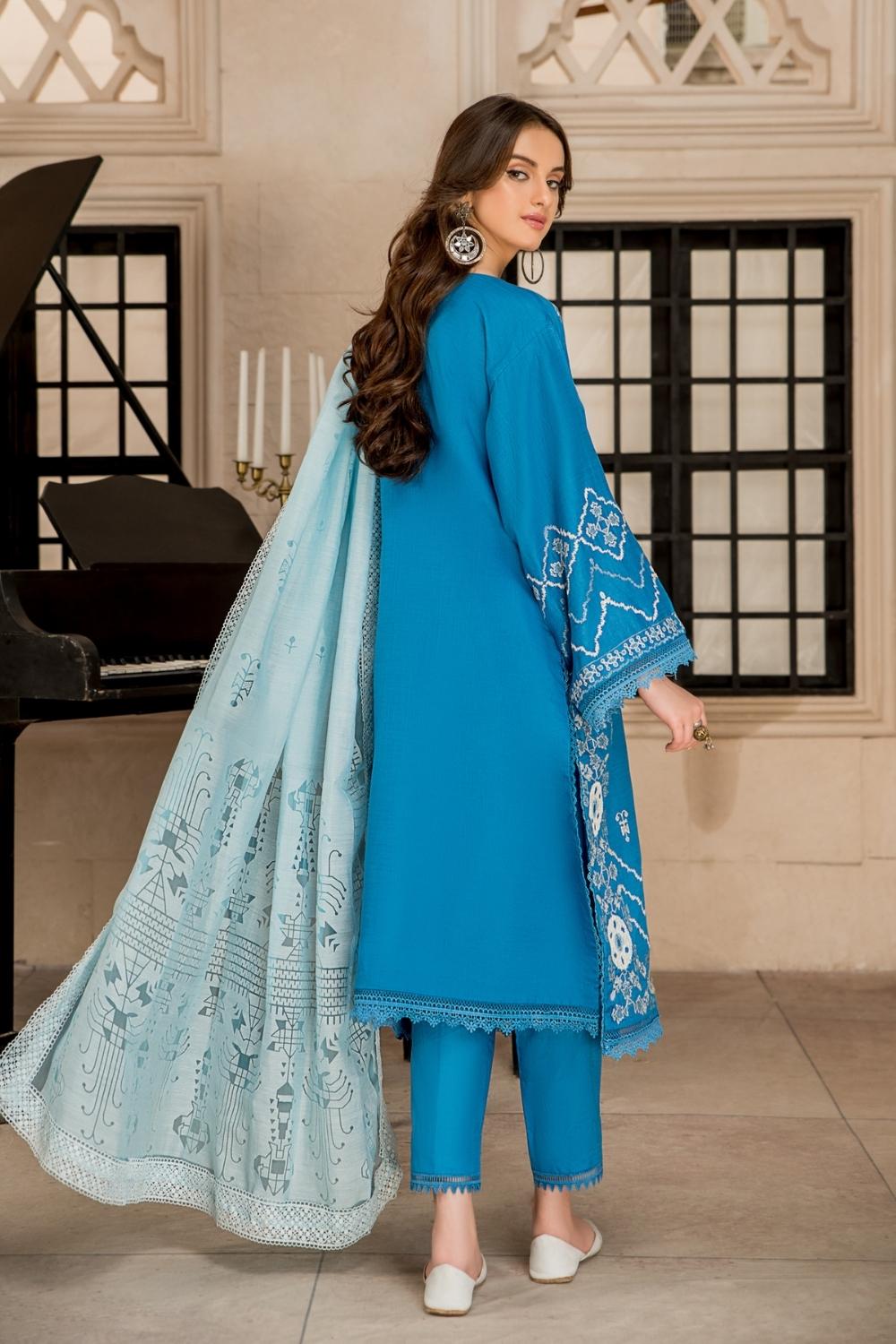 3 PC Unstitched Premium | Cotton Slub Embroidered Shirt + Organza Burnout Dupatta + Cambric Dyed Trouser