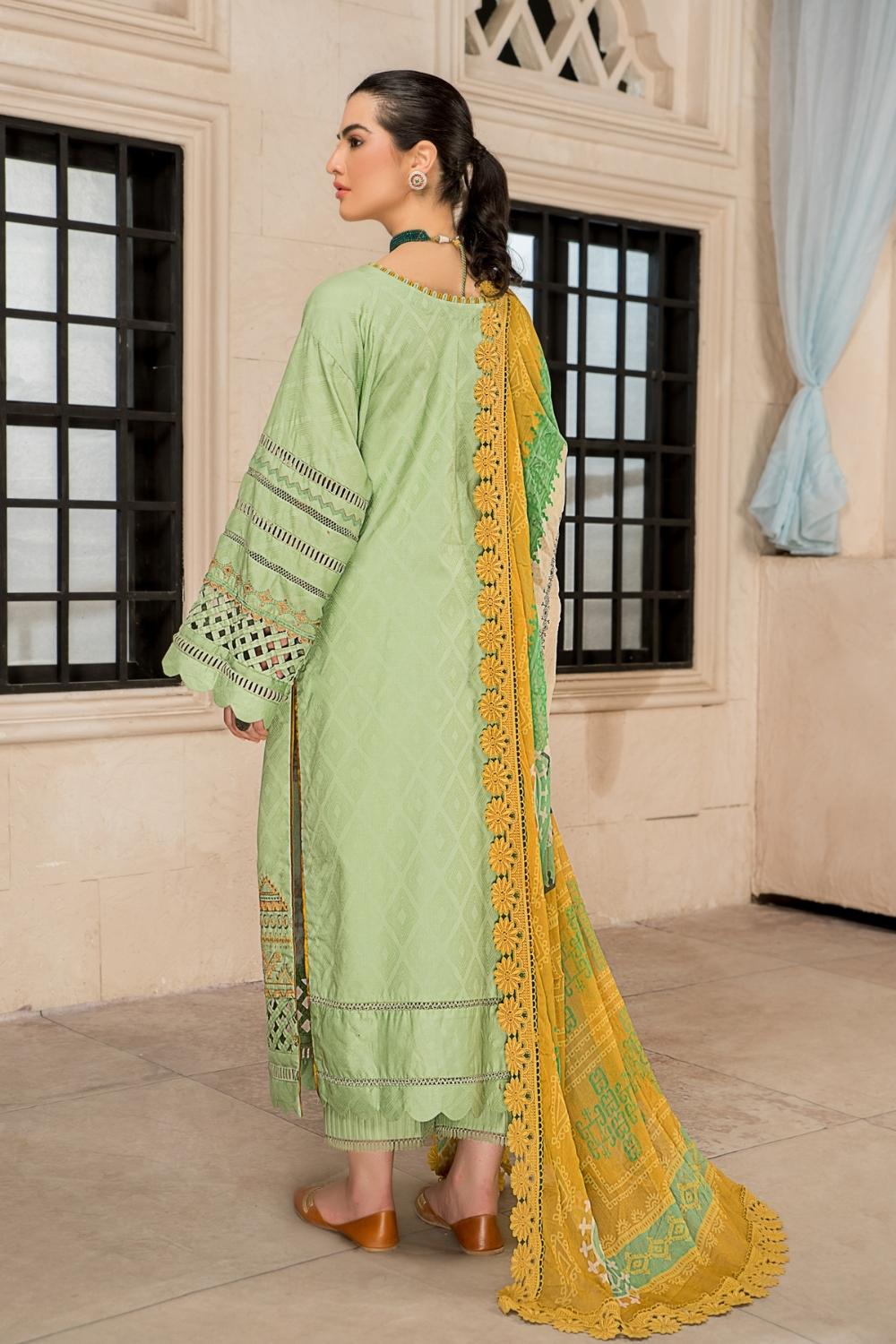 3 PC Unstitched Premium | Self Jacquard Embroidered Shirt + Chiffon Printed Dupatta + Cambric Dyed Trouser