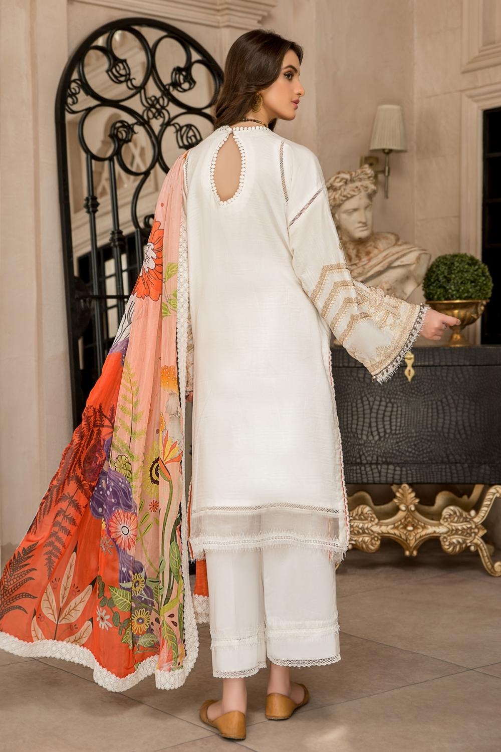 3 PC Unstitched Premium | Self Jacquard Embroidered Shirt + Silk Digital Printed Dupatta + Cambric Dyed Trouser