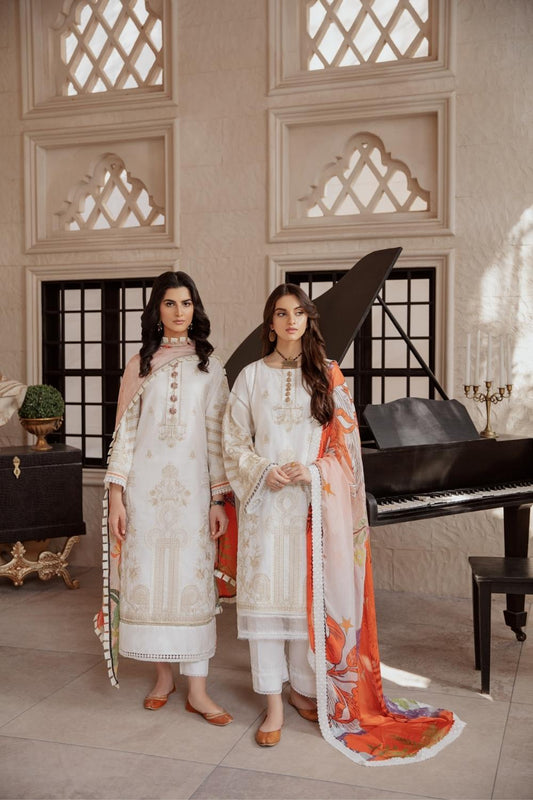 3 PC Unstitched Premium | Self Jacquard Embroidered Shirt + Silk Digital Printed Dupatta + Cambric Dyed Trouser