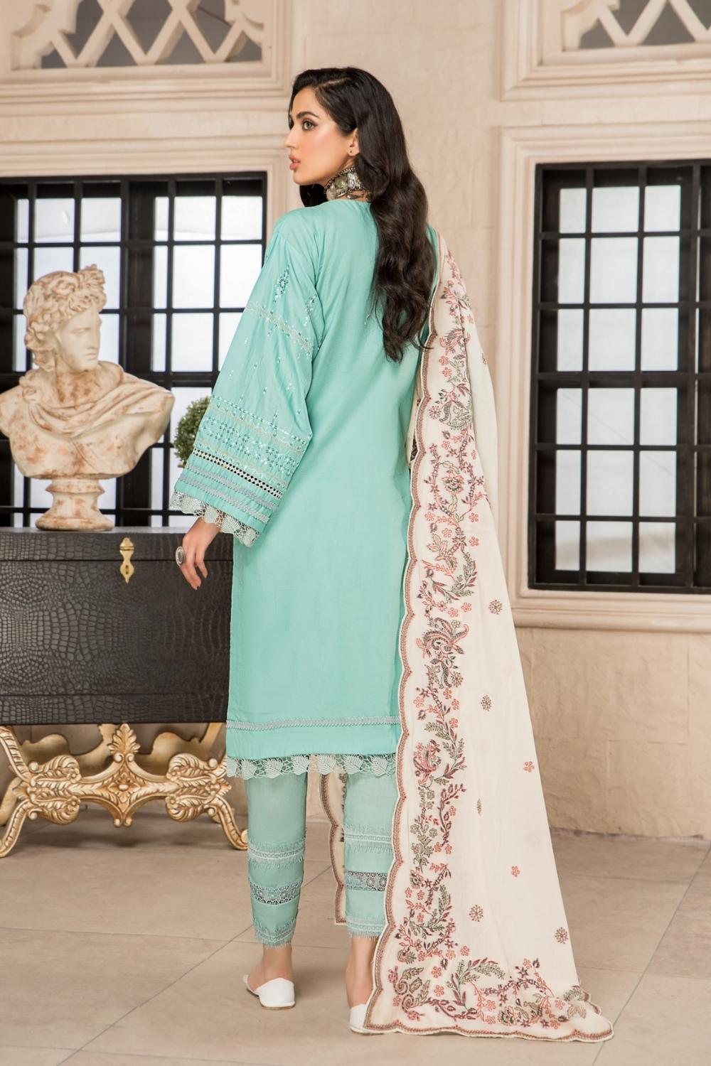 3 PC Unstitched Premium | Lawn Embroidered Shirt +Cotton Jacquard Dupatta + Cambric Dyed Trouser