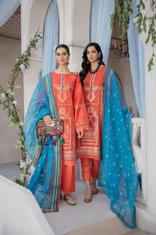 3 PC Unstitched Premium | Lawn Embroidered Shirt + Organza Embroidered Dupatta + Cambric Dyed Trouser