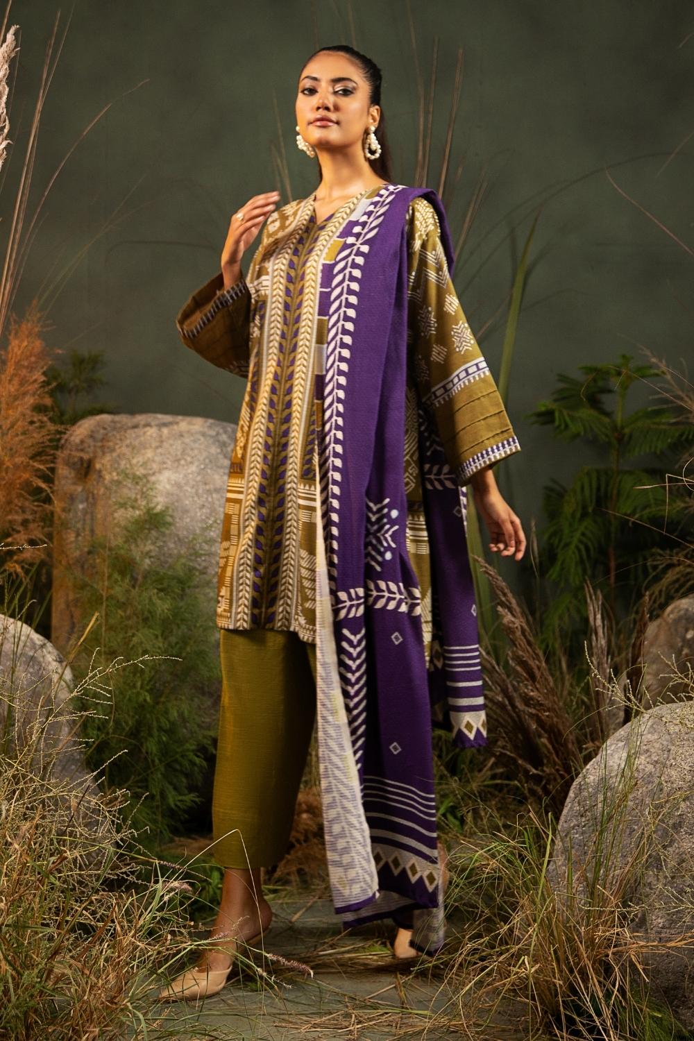 3PC Unstitched |Printed Khaddar Shirt+ Viscose Shawl + Trouser