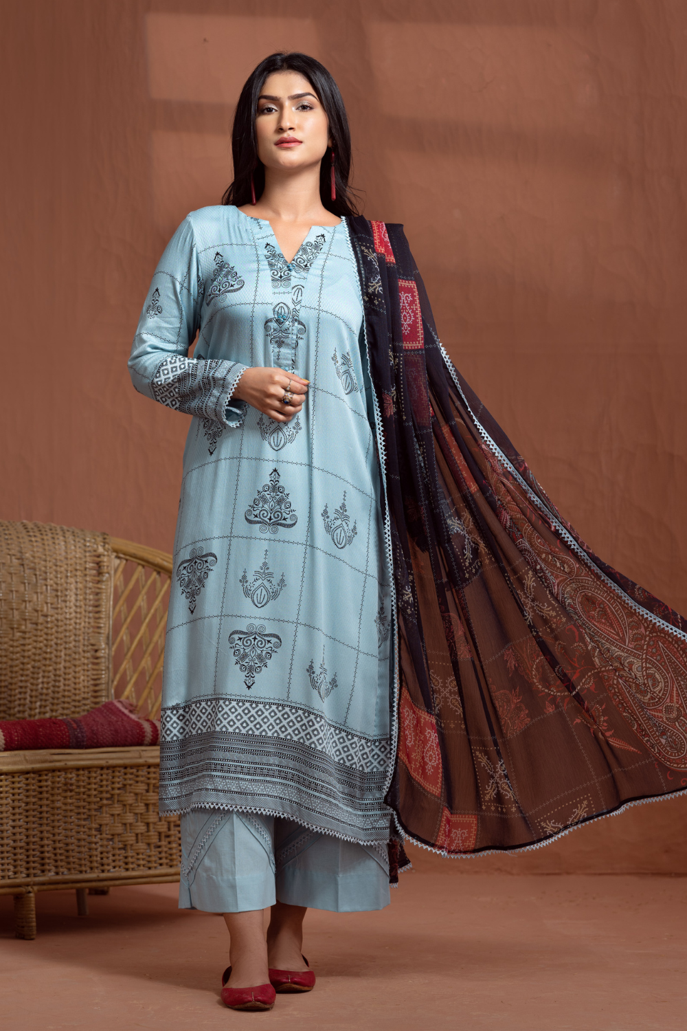 3PC Unstitched | Printed Jacquard Shirt+Chiffon Dupatta+Trouser