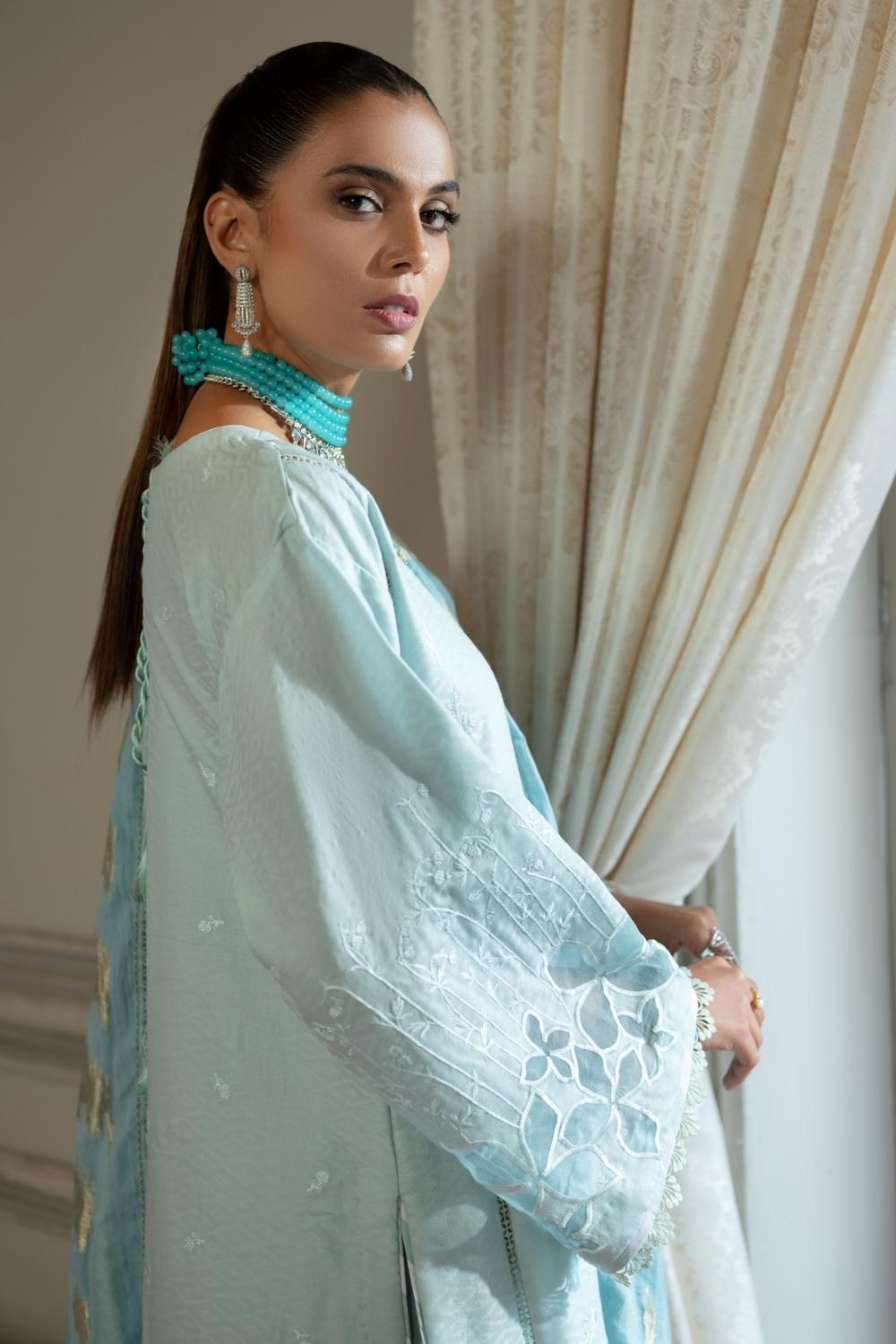 3 PC Unstitched | Self Jacquard Embroidered Shirt + Cotton Net Jacquard Dupatta + Cambric Dyed Trouser