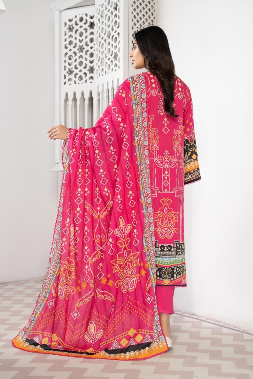 3 PC Unstitched | Printed Shirt + Printed Cotton Net Dupatta + Dyed Trouser