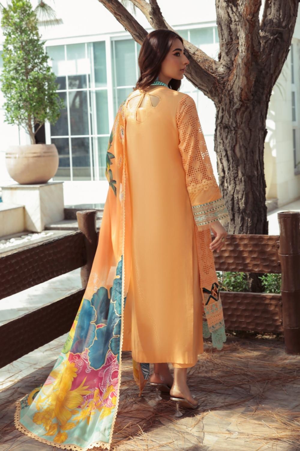 3 PC Unstitched | Schiffli Embroidered Shirt + Digital Printed Silk Dupatta + Dyed CambricTrouser