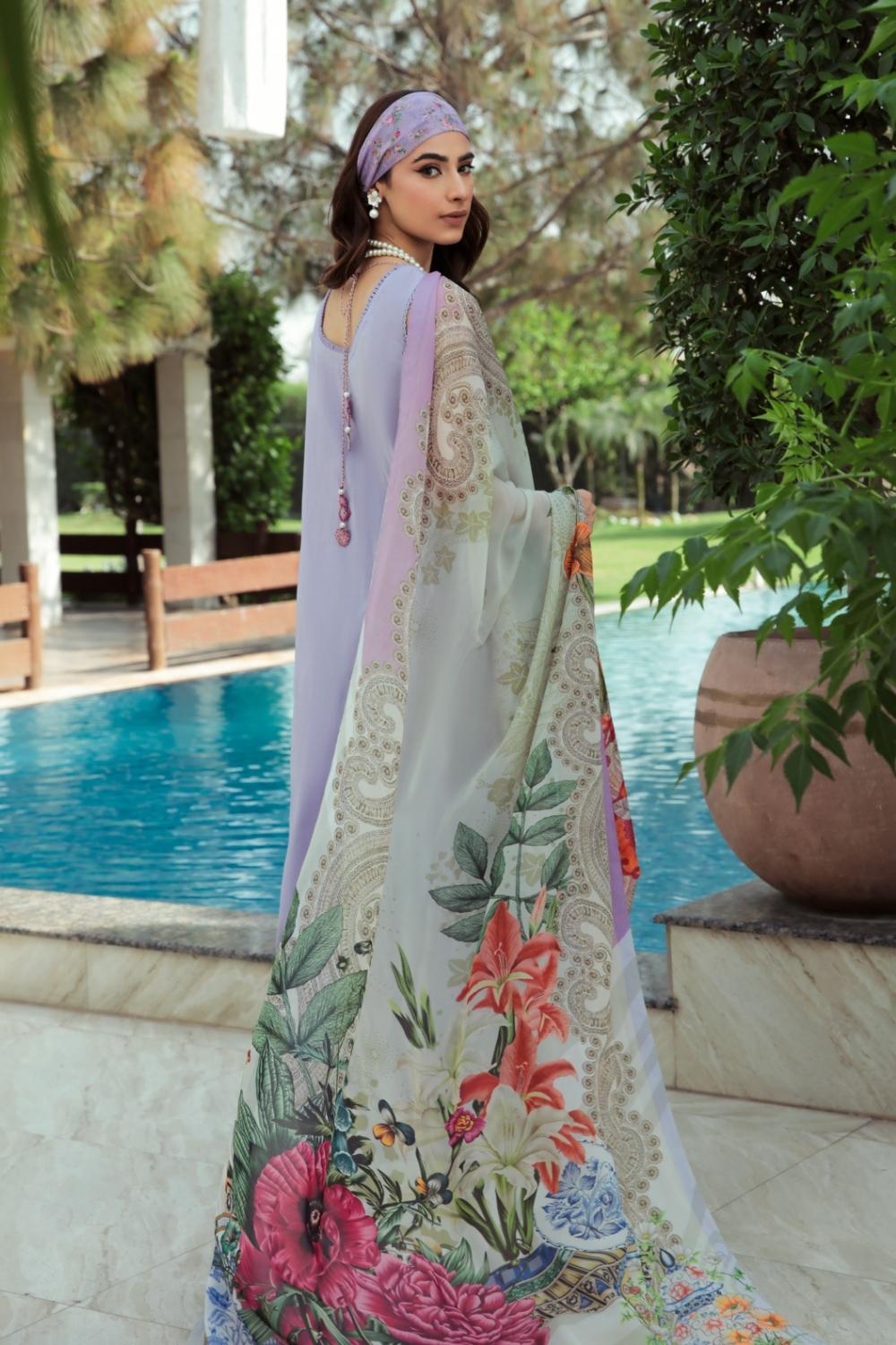 3 PC Unstitched | Schiffli Embroidered Shirt + Digital Printed Silk Dupatta + Dyed CambricTrouser