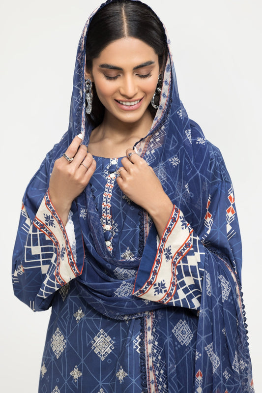 3 PC Stitched | Emborided+ Printed Shirt + Dupatta + Dyed Trouser