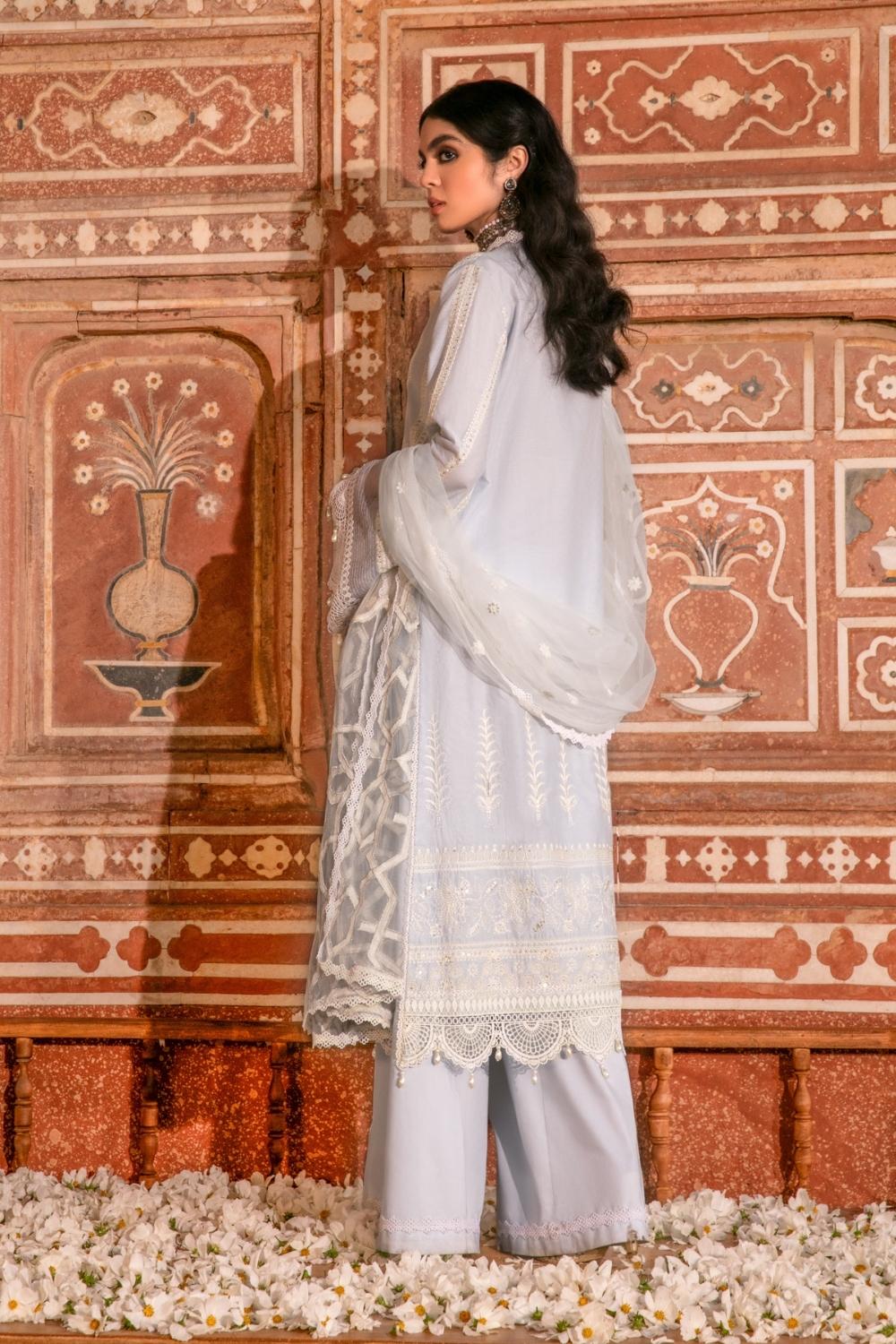 3 PC Unstitched Dyed Embroidered Dobby Shirt + Embroidered Net Dupatta + Dyed Cambric Trouser