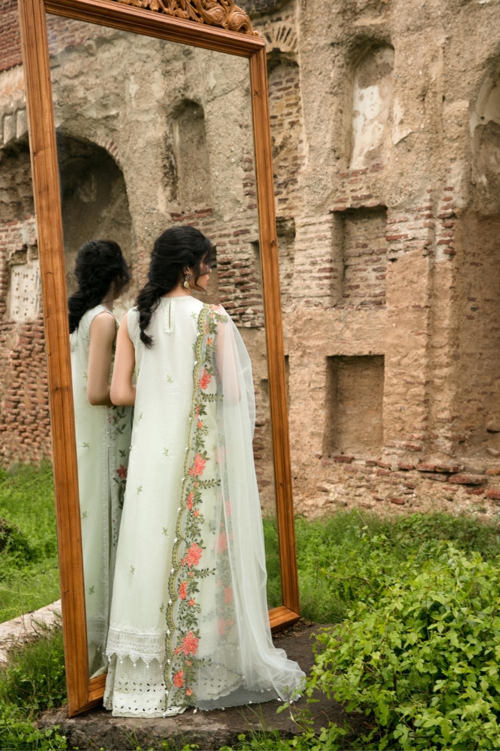 3 PC Unstitched Dyed Embroidered Shirt + Embroidered Net Dupatta + Dyed Cambric Trouser