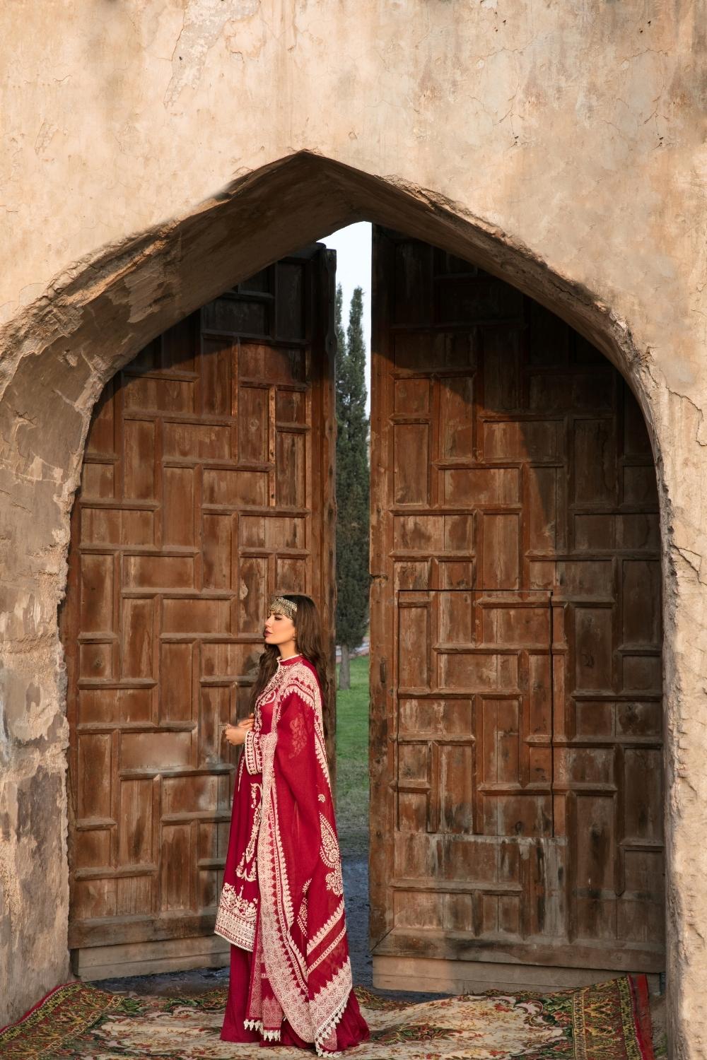 3 PC Unstitched Dyed Embroidered Shirt + Emboss Paste Slub Karandi Dupatta + Dyed Cambric Trouser