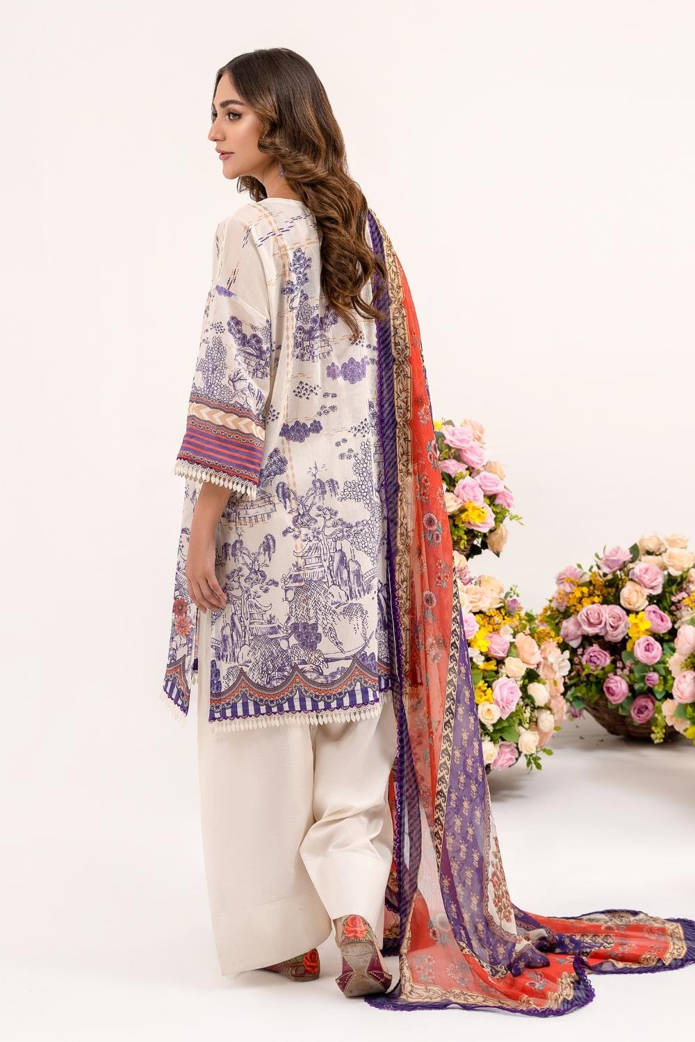 3 PC Unstitched | Printed Lawn Shirt + Trouser | Chiffon Dupatta
