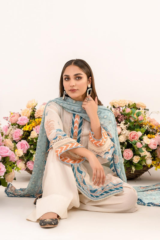 3 PC Unstitched | Printed Lawn Shirt + Trouser | Chiffon Dupatta