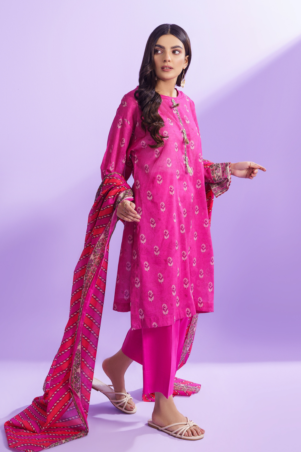 3 PC Unstitched | Printed Lawn Shirt + Trouser | Cotton Silk Dupatta