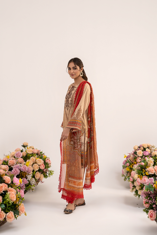 3 PC Unstitched | Printed Jacquard Shirt + Trouser | Chiffon Dupatta