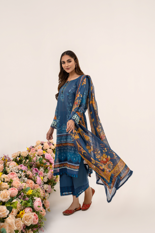 3 PC Unstitched | Printed Jacquard Shirt + Trouser | Chiffon Dupatta