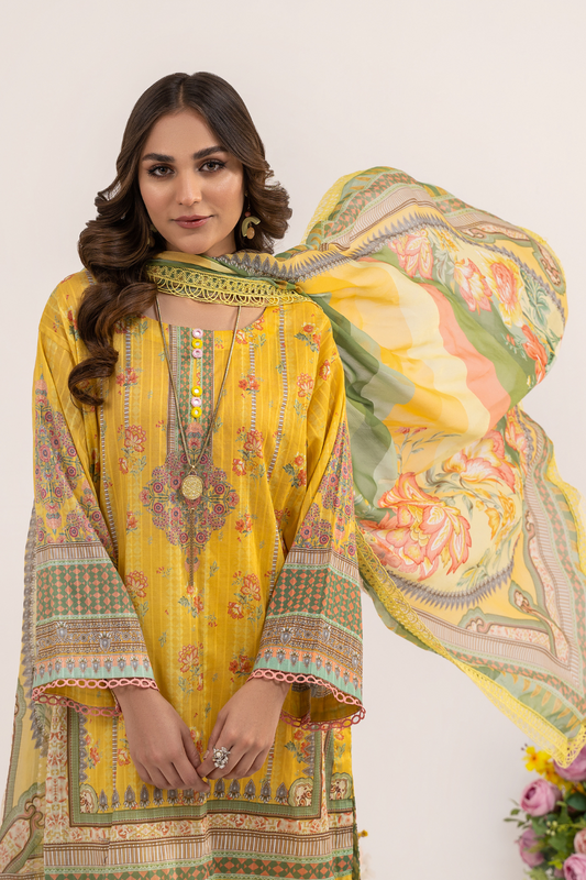 3 PC Unstitched | Printed Jacquard Shirt + Trouser | Chiffon Dupatta