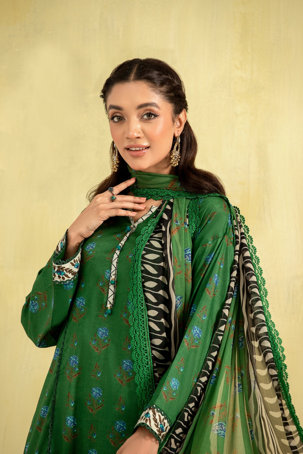 3PC Unstitched | Printed Lawn Shirt + Chiffon Dupatta+Trouser